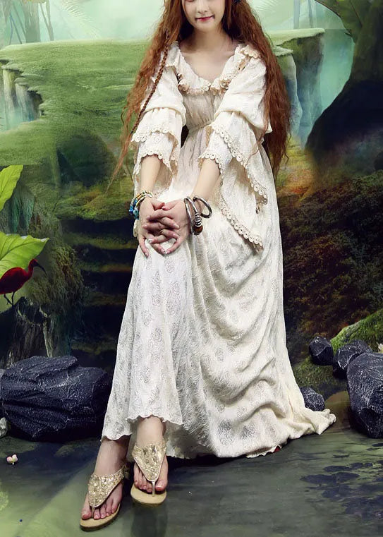Beige Ruffled Silk Velour Long Dresses Puff Sleeve