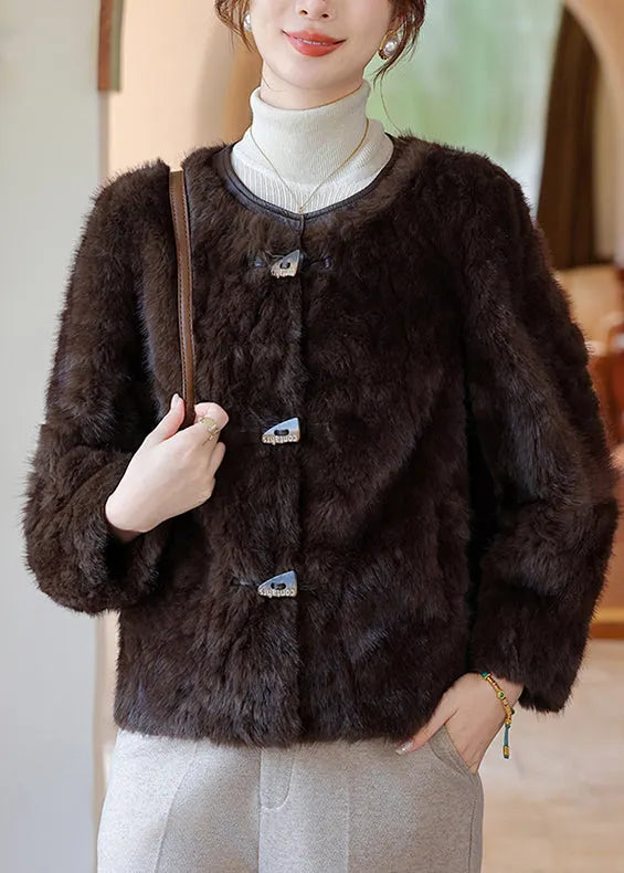 Chocolate O-neck Faux Fur Coat Winter
