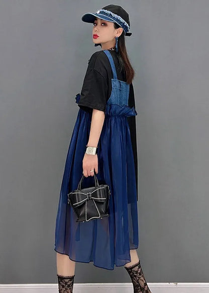 Blue Asymmetrical Denim Tulle Patchwork Dresses Short Sleeve