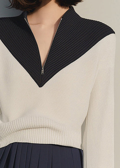 Apricot Zip Up Patchwork Knit Sweaters Winter