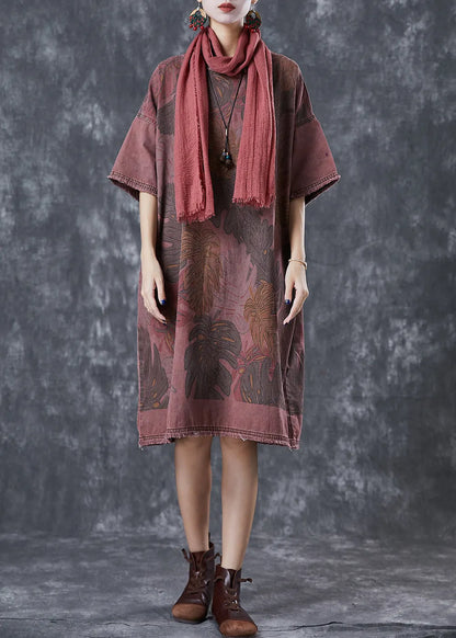 Brick Red Oversized Print Denim Dresses Winter