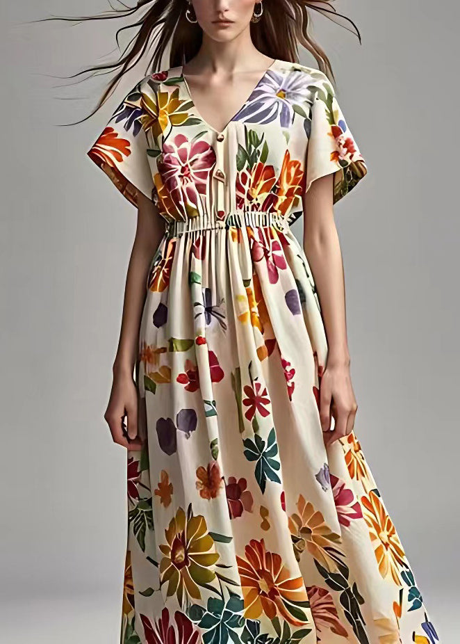 Apricot V Neck Print Cotton Maxi Dresses Summer