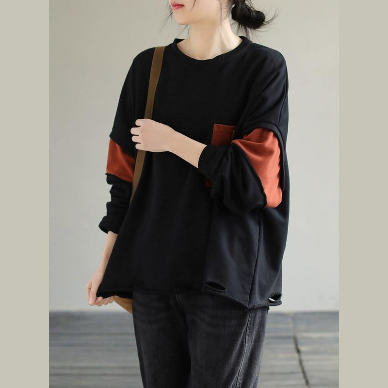 French Patchwork Cotton Spring Long Shirts Work Outfits Black Blouses