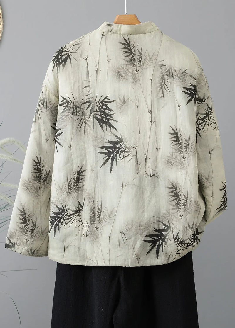 Stand Collar Print Oriental Button Fine Cotton Filled Coat Spring