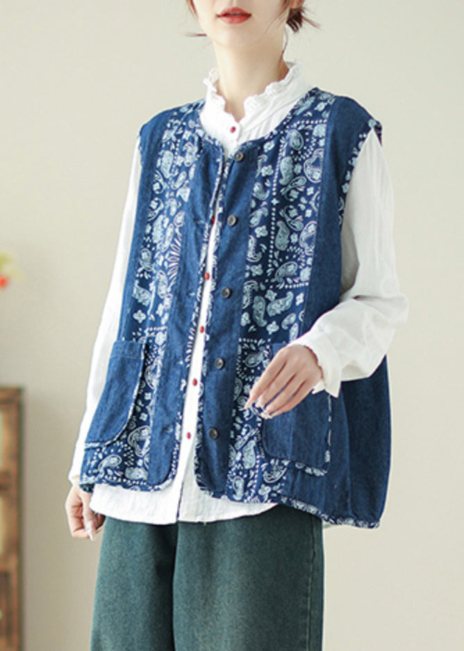Unique Denim Blue O-neck Print Pockets Waistcoat Spring