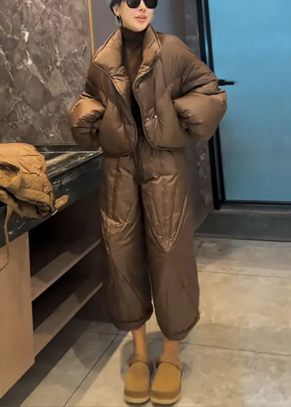 Coffee Button Coat and Crop Pants Cotton Filled Two Pieces Set Spring