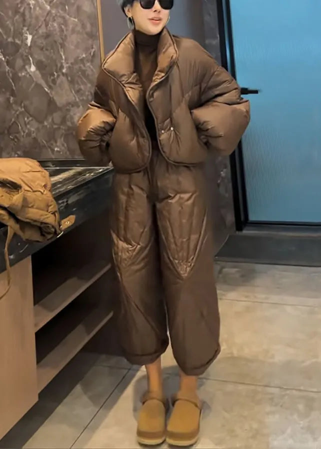 Coffee Button Coat and Crop Pants Cotton Filled Two Pieces Set Spring