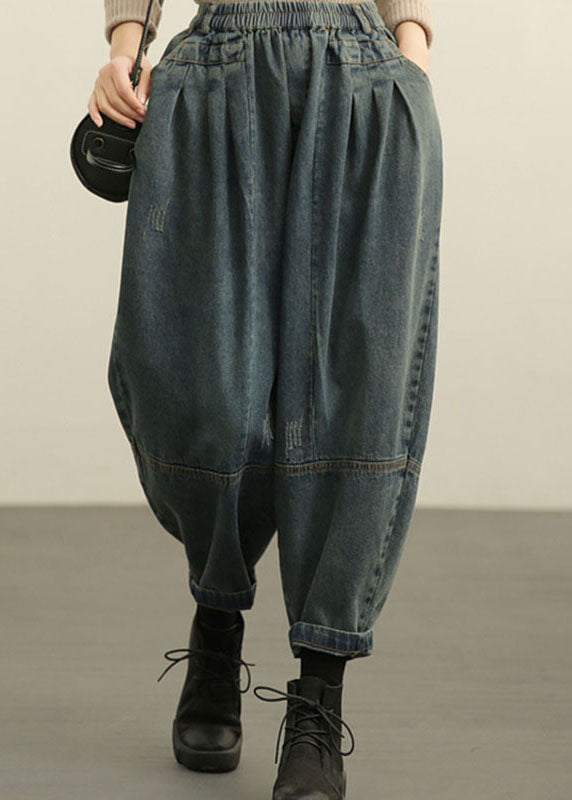 Diy Blue High Waist Pockets Wrinkled Harem Fall Denim Pants