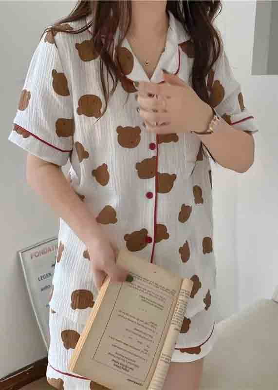 Oversized Bear Print Cotton Pajamas Two Pieces Set Summer