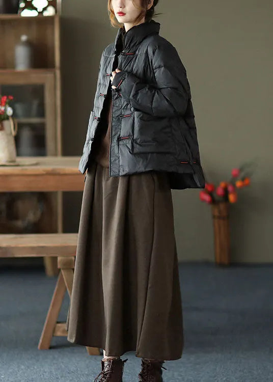 Red Stand Collar Button Pockets Low High Design Winter Down Coat