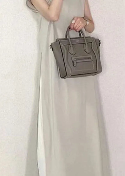 Grey O-neck Wrinkled Patchwork Side Open Cotton Two Pieces Set Summer