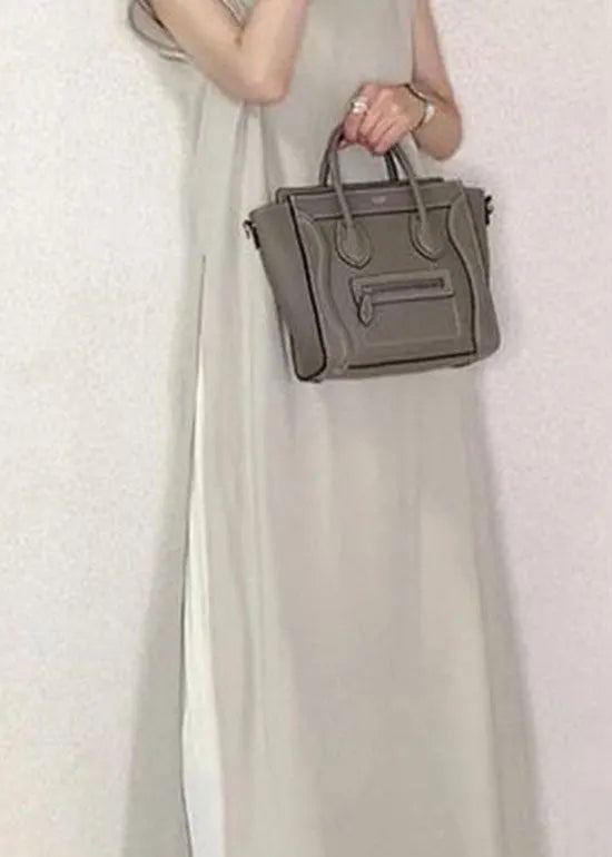 Grey O-neck Wrinkled Patchwork Side Open Cotton Two Pieces Set Summer