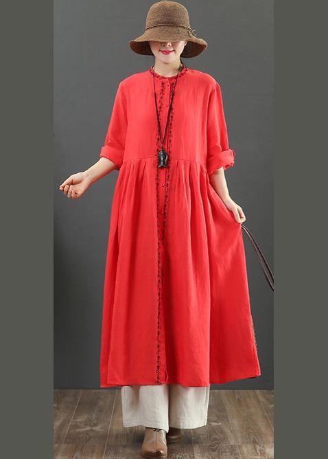 Red Cotton Outfit O Neck Cinched Robes Spring Dress