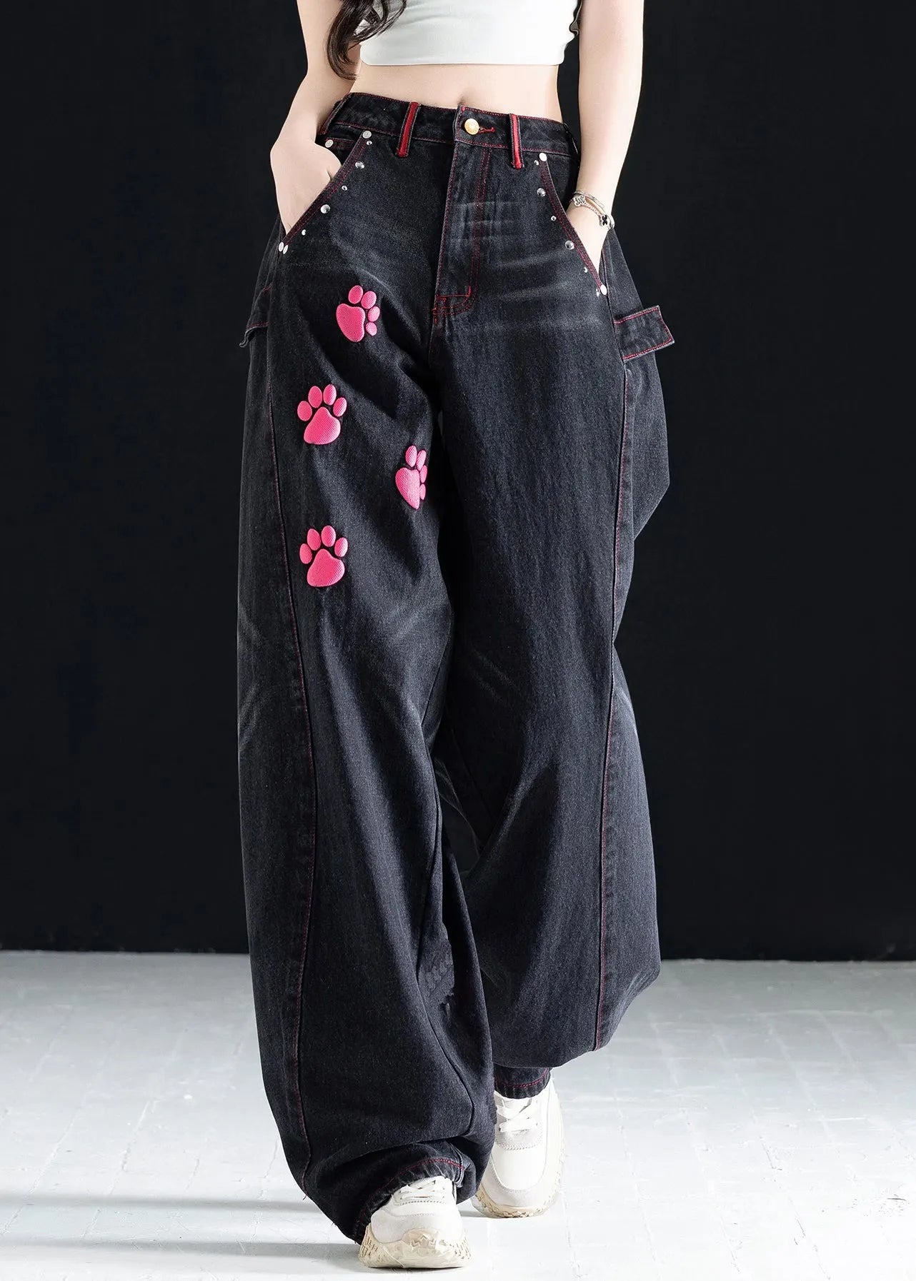 Vogue Black High Waist Pockets Print Wide Leg Jeans Fall