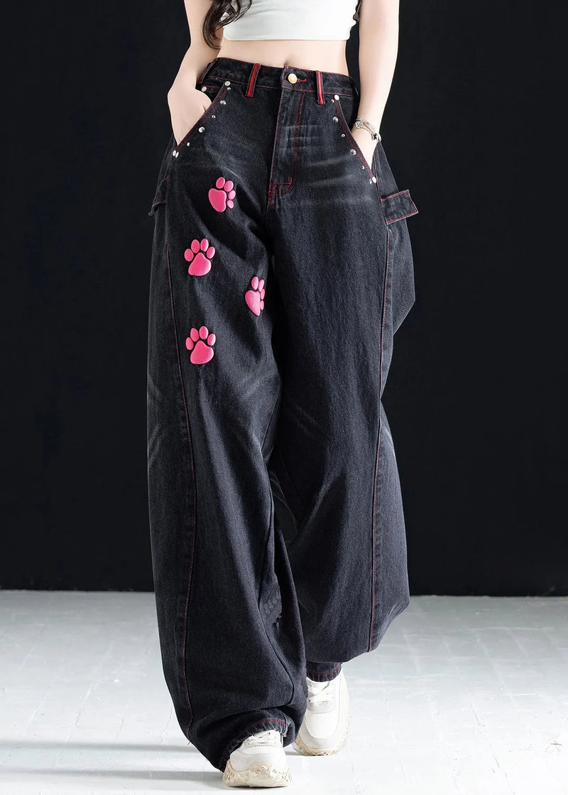 Vogue Black High Waist Pockets Print Wide Leg Jeans Fall