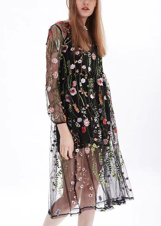 Black O-neck Embroidered Tulle Two Pieces Set Long Sleeve
