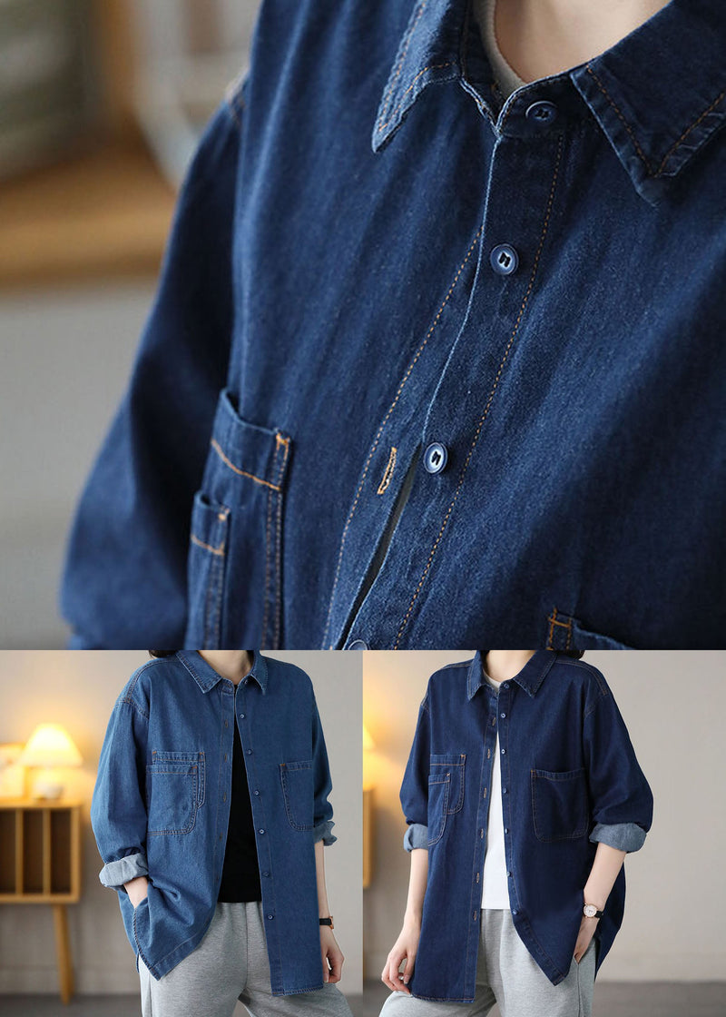 Blue Peter Pan Collar Pockets Cotton Denim Shirts Spring