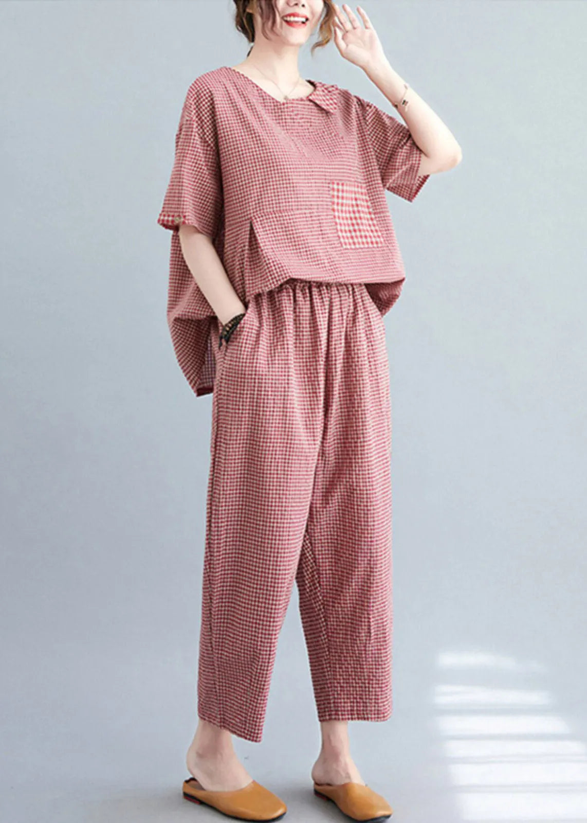 Red Plaid Asymmetrical Pockets Top and Crop Pants Two Pieces Set Summer