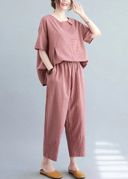 Red Plaid Asymmetrical Pockets Top and Crop Pants Two Pieces Set Summer