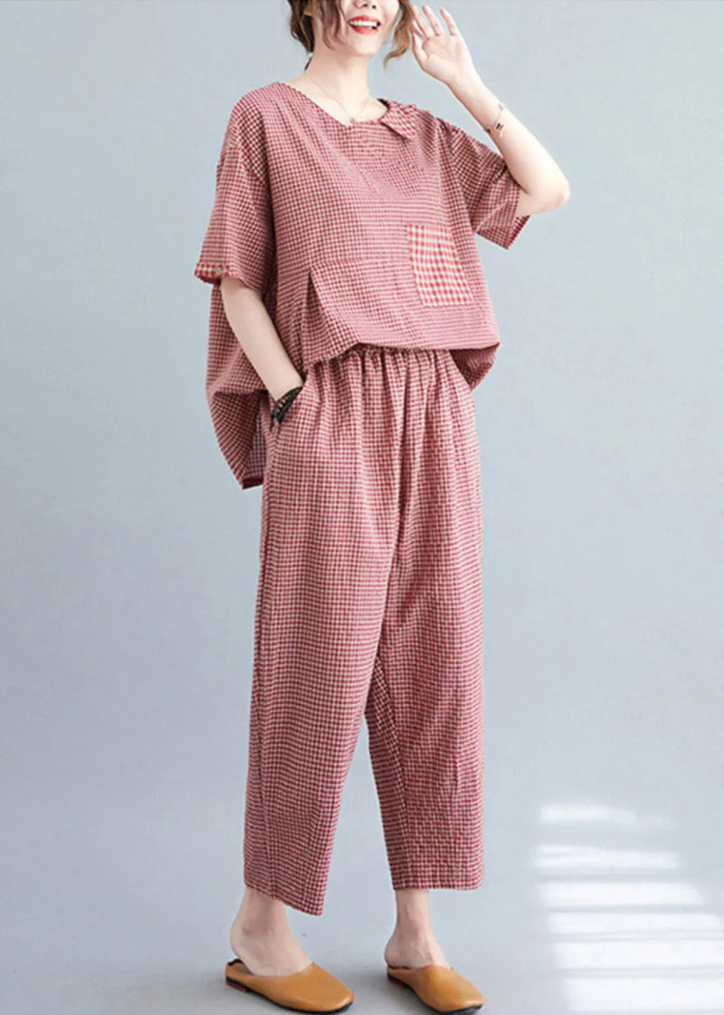Red Plaid Asymmetrical Pockets Top and Crop Pants Two Pieces Set Summer