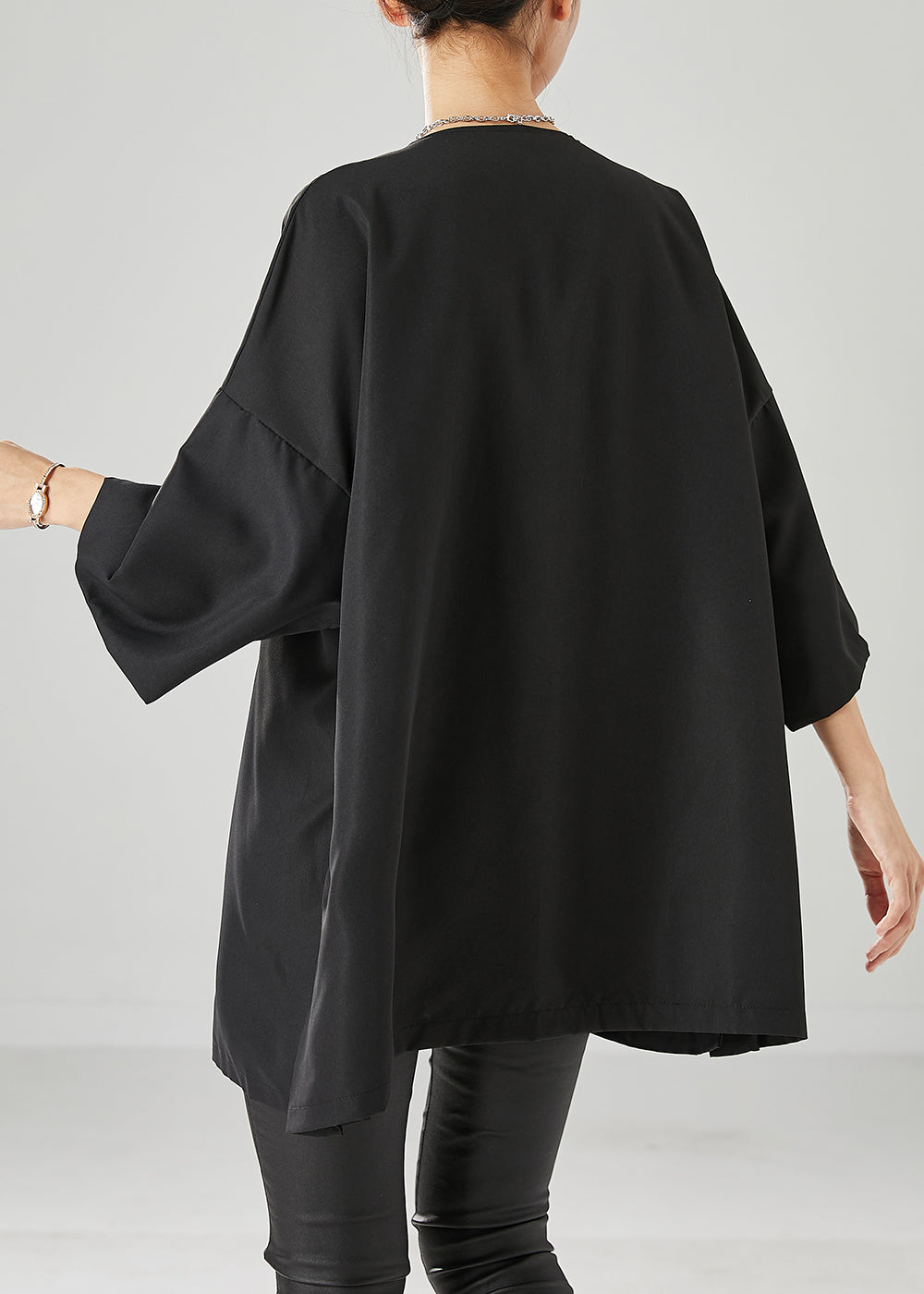 Loose Black Asymmetrical Side Open Cotton Blouses Bracelet Sleeve