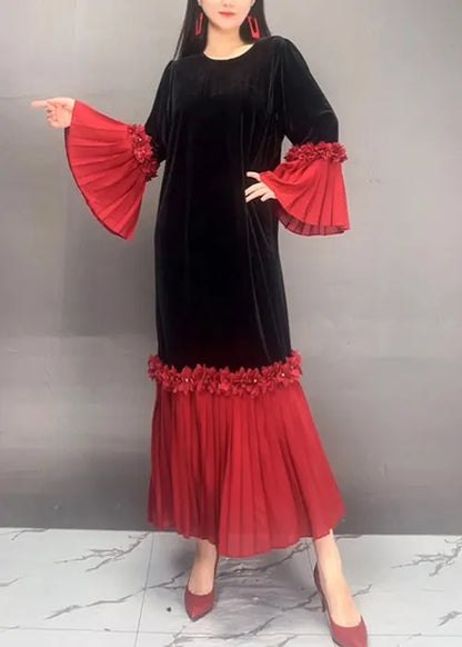 Red O Neck Chiffon Patchwork Velour Dresses Flare Sleeve