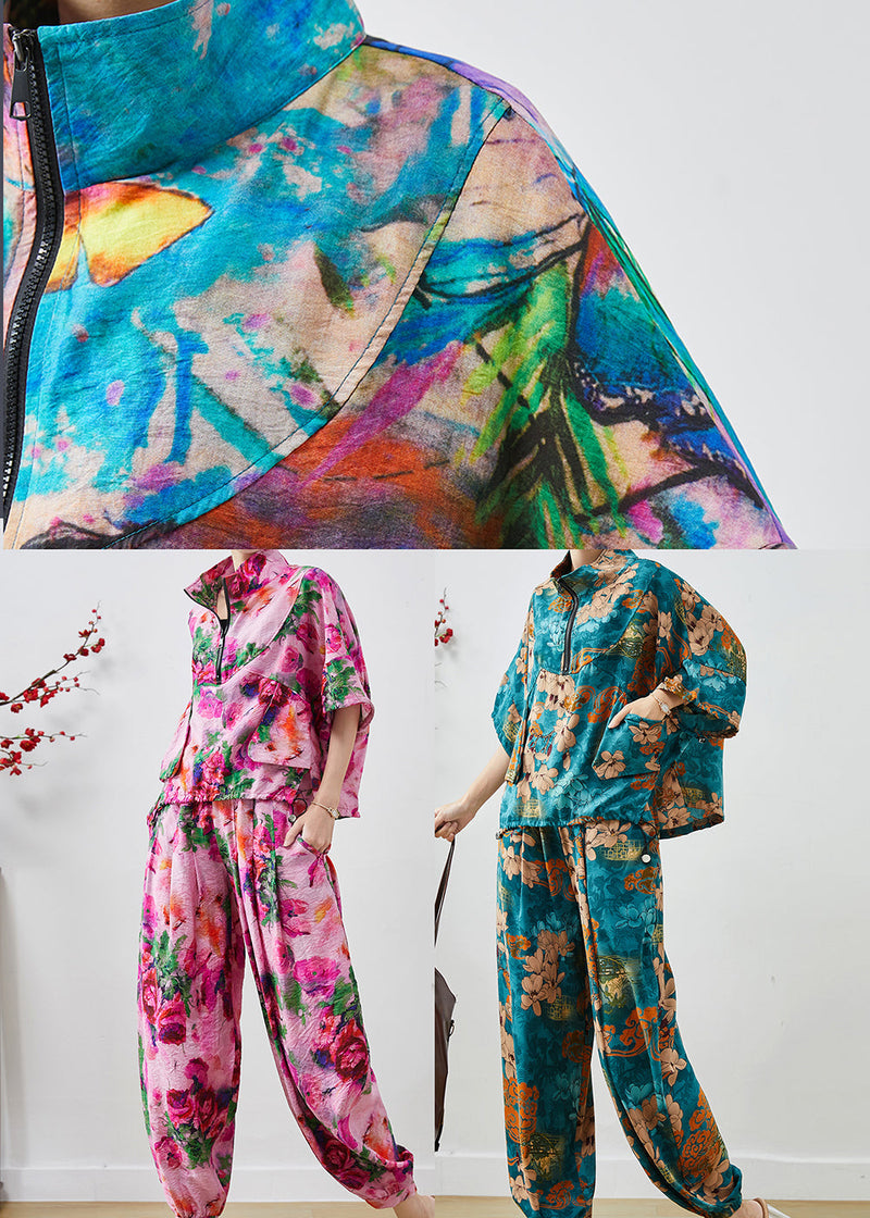 Diy Purple Zip Up Print Chiffon Sweatshirt Two Pieces Set Summer