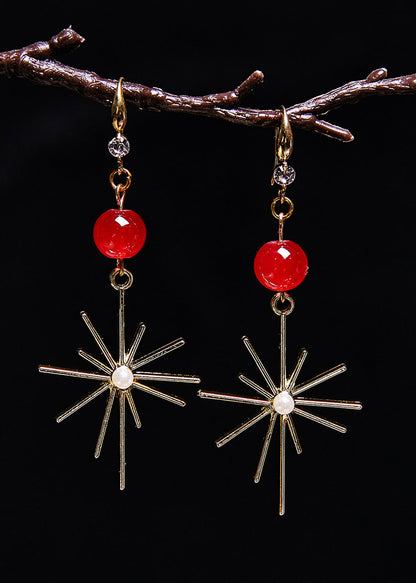 Red Gem Stone Fireworks Shape Drop Earrings