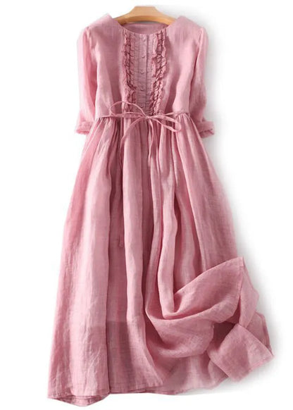 Green Ruffled Button Tie Waist Cotton Long Dress Half Sleeve