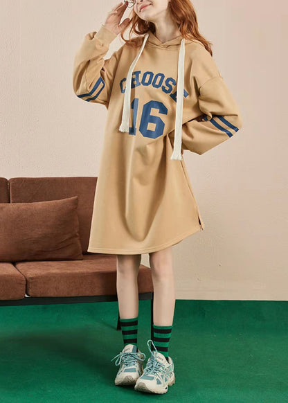 Classy Khaki Drawstring Print Side Open Sweatshirt Spring Dress