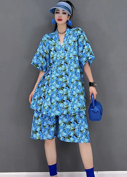 Blue V Neck Print Cotton Cinch Top and Shorts Two Pieces Set Short Sleeve