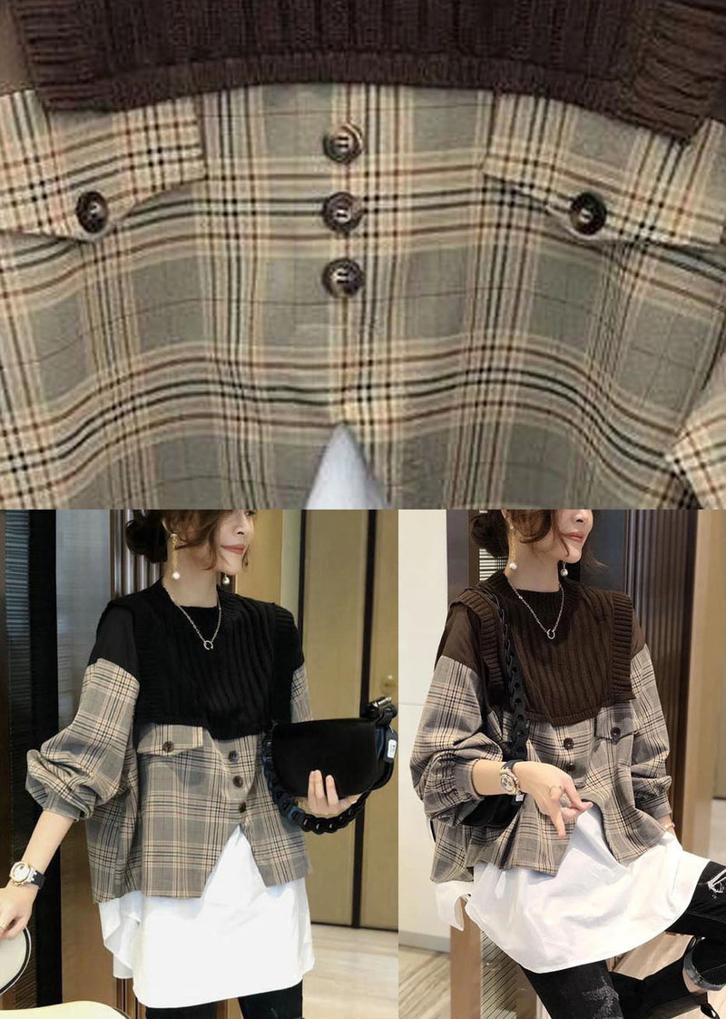 Black Knit Patchwork Plaid Fall Long Sleeve Shirt