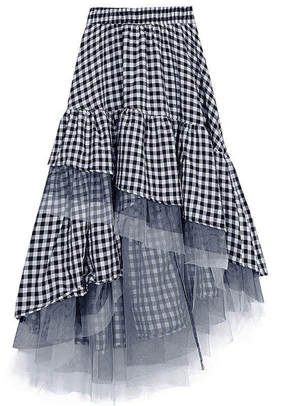 Black White Plaid Ruffles Patchwork Lace Skirt Summer