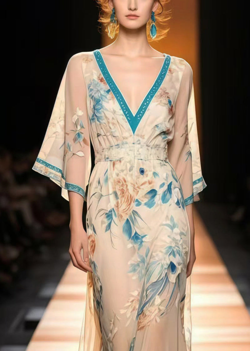 New Retro Apricot Print Chiffon Long Dress Flare Sleeve Summer