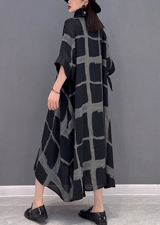 Grey Peter Pan Collar Asymmetrical Print Button Pockets Long Dress Half Sleeve