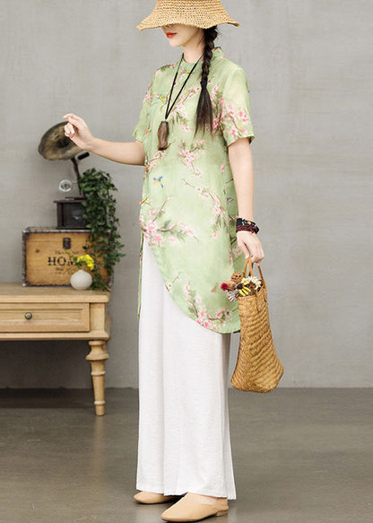 Handmade Green Stand Collar Asymmetrical Print Cotton Long Shirt Two Piece Set Short Sleeve