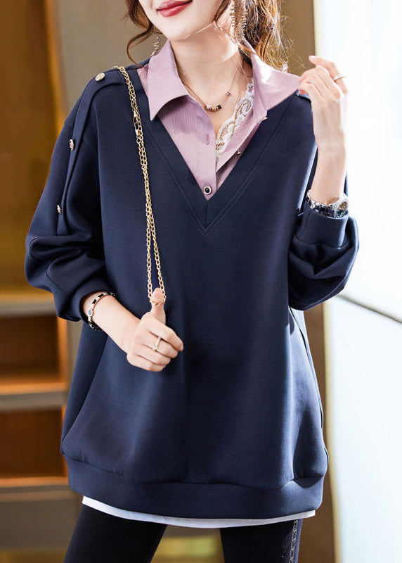 Navy Button Patchwork False Two Pieces Cotton Top Long Sleeve