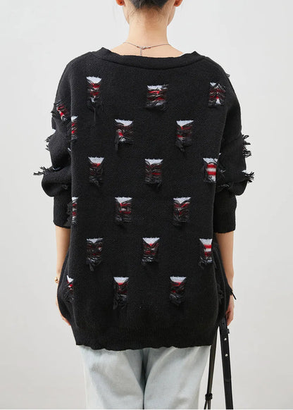 Black Oversized Ripped Thick Knit Coat Spring
