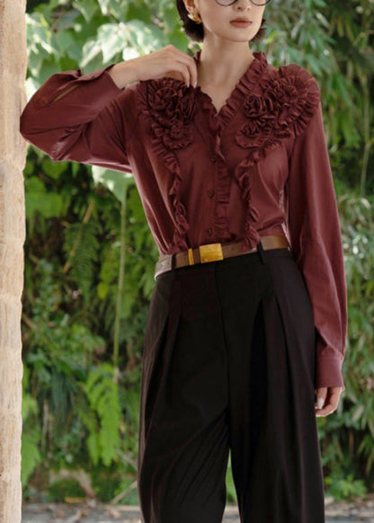 Coffee V Neck Ruffled Button Cotton Shirt Fall