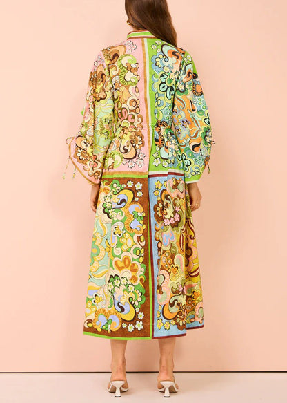 Green Lace Up Print Pockets Cotton Shirts Dress Spring