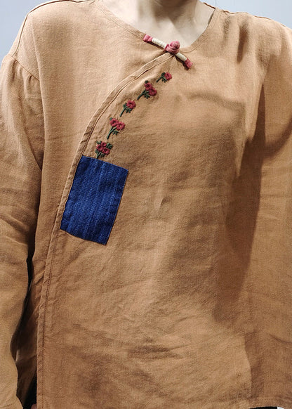 Khaki O-neck Embroideried Patchwork Linen Top Long Sleeve