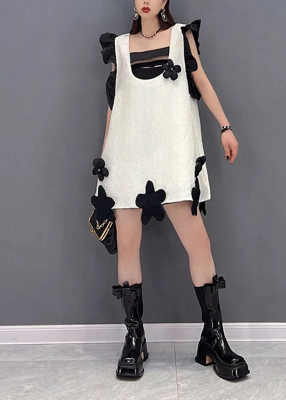 White Slash Neck Ruffles Patchwork Dresses Sleeveless
