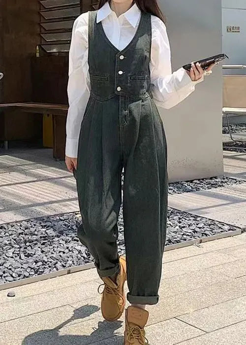 Slim Fit Denim Blue Button Pockets High Waist Jumpsuits Sleeveless