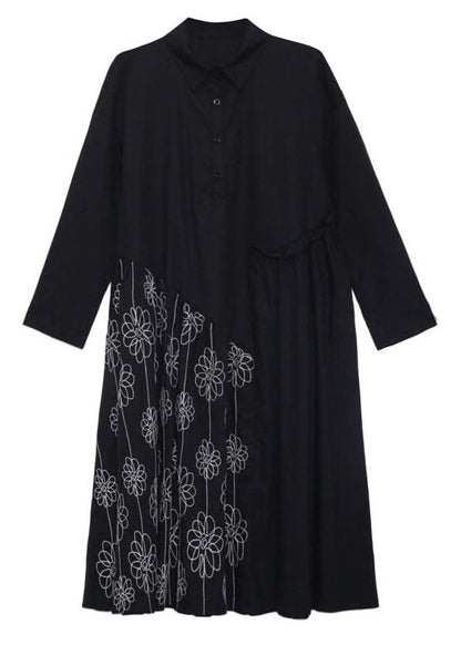 Black Button Patchwork Ruffled Fall Dress Long Sleeve