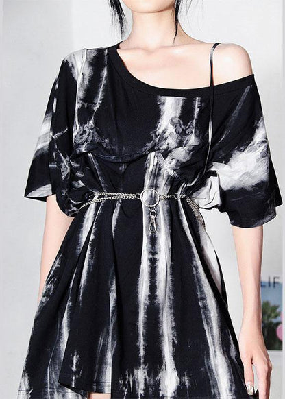 Black Tie Dye One Shoulder Tie Waist Shirt Tops Summer