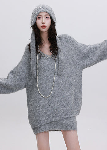 Grey Cozy Knit Two Piece Set Clothing Sequins Winter