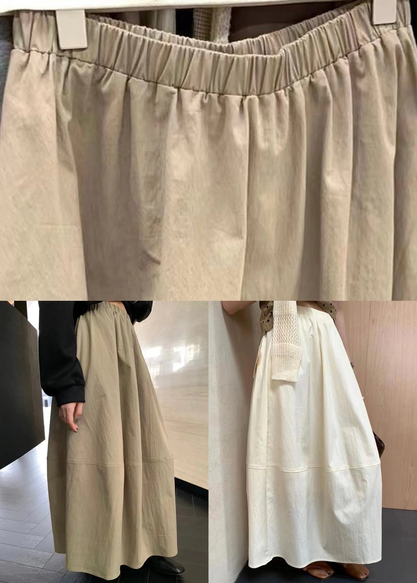 Simple Khaki Pockets Elastic Waist Cotton Skirts Fall