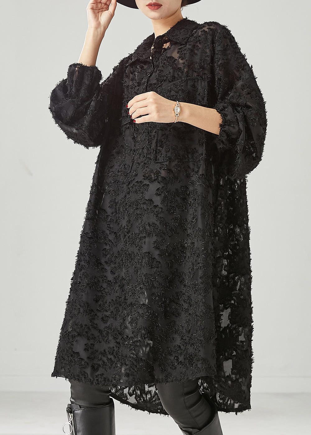 Black Tasseled Pockets Cotton Shirt Dress Spring
