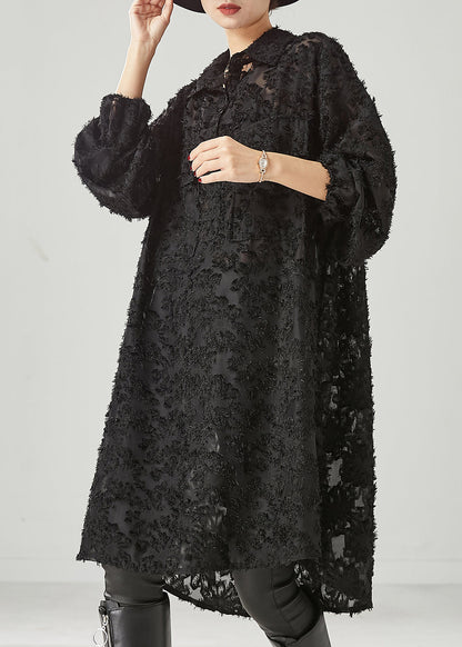 Black Tasseled Pockets Cotton Shirt Dress Spring