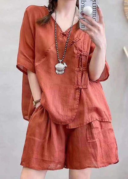 New Green V Neck Button Linen Two-piece Set Summer